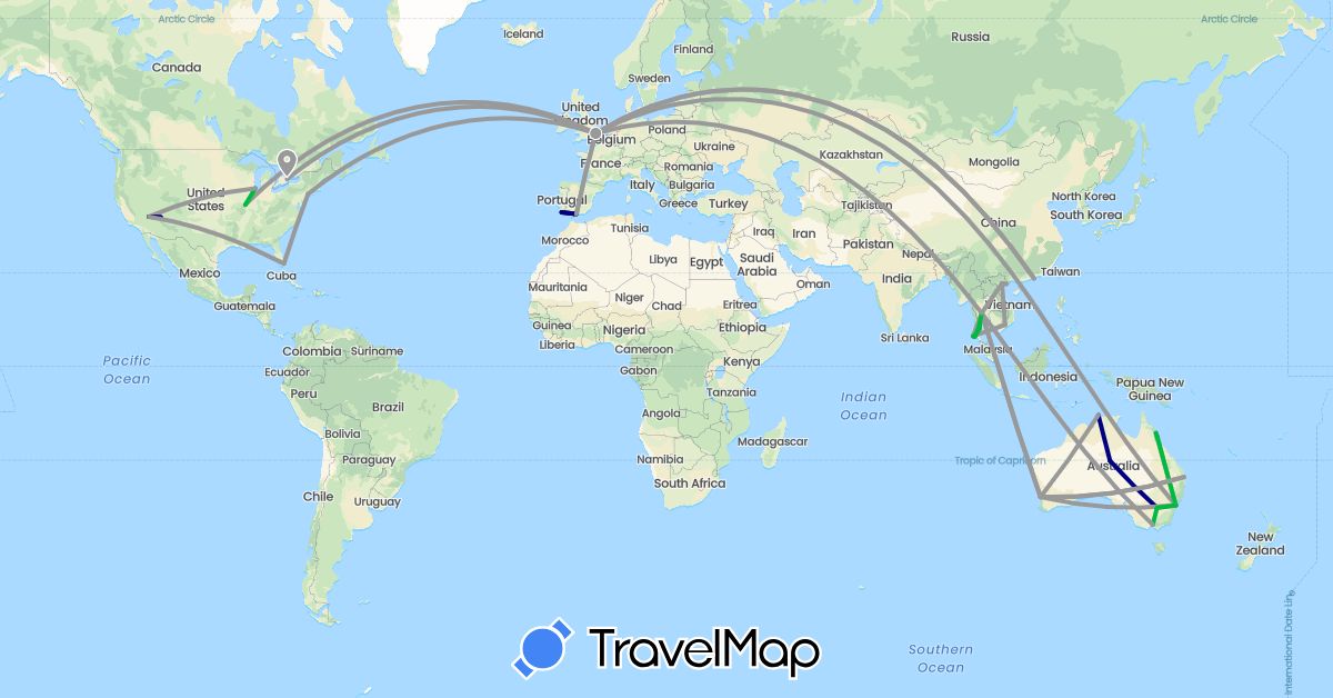 TravelMap itinerary: driving, bus, plane in Australia, Canada, China, Spain, United Kingdom, Portugal, Thailand, United States, Vietnam (Asia, Europe, North America, Oceania)